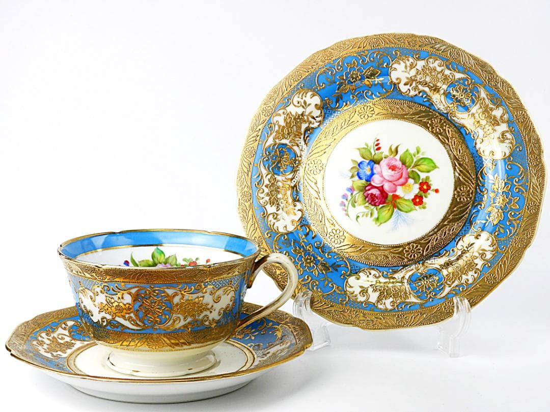 オールドノリタケ 金彩 ターコイズ 薔薇 カップ トリオ