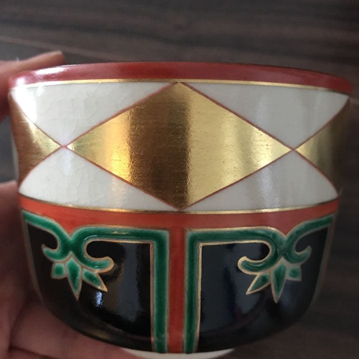 七代高橋道八造 仁清写色絵金彩菱之図茶碗 共箱裏鵬雲斎花押