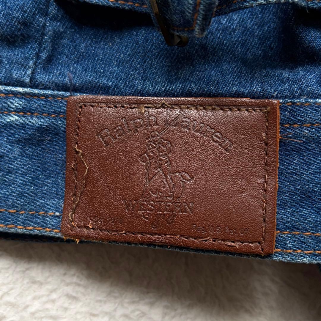 【70s】ラルフローレンウエスタン デニムジャケット ロゴ革パッチ ステッチ L