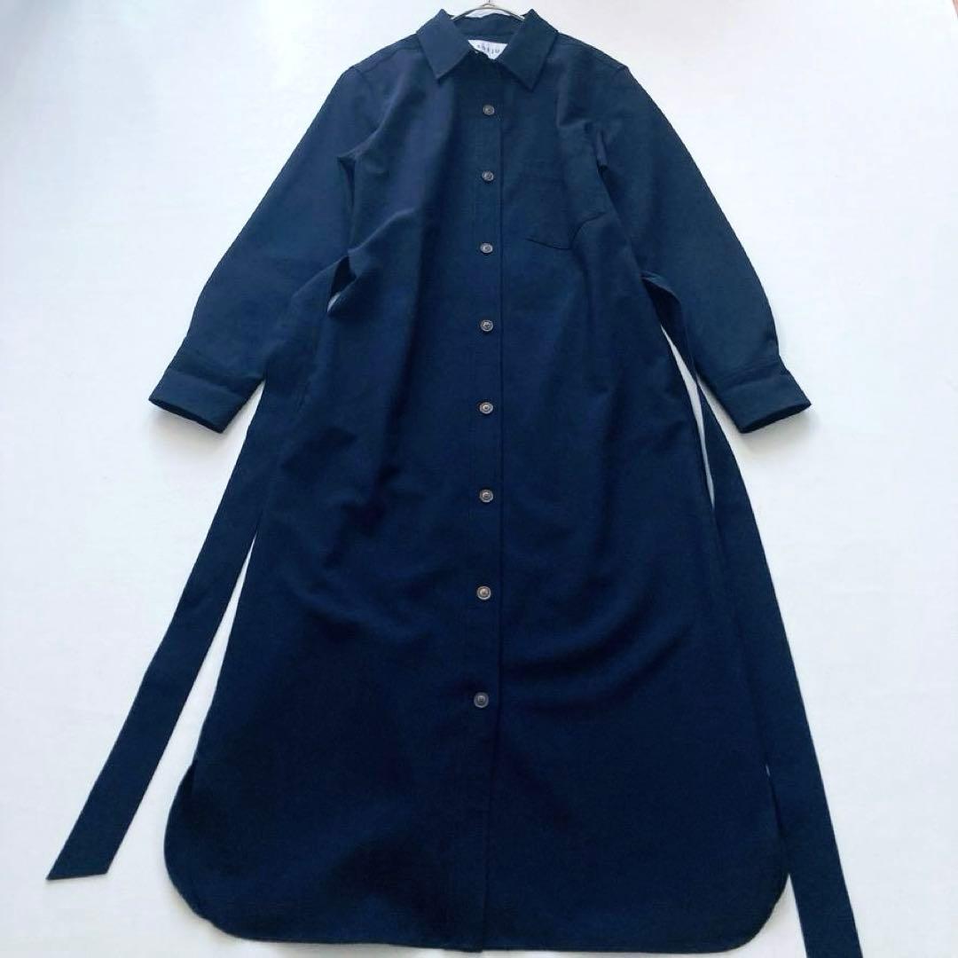【大人気美品】SOEJU　ソフトオックスシャツワンピース ベルト付 ネイビー S