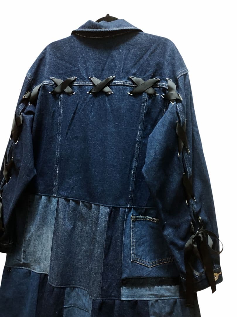 古着リメイク　編み上げリボンのの可愛いGジャンデニムリメイクロングジャケット