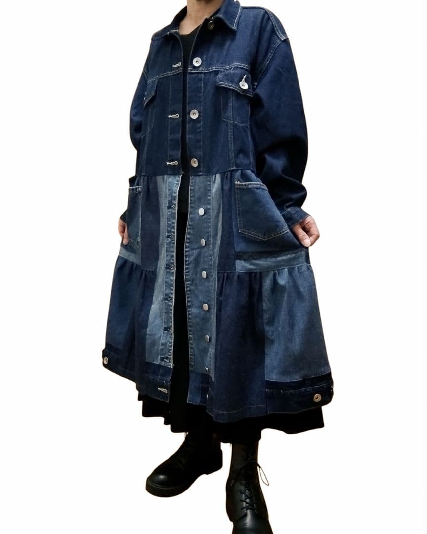 古着リメイク　編み上げリボンのの可愛いGジャンデニムリメイクロングジャケット