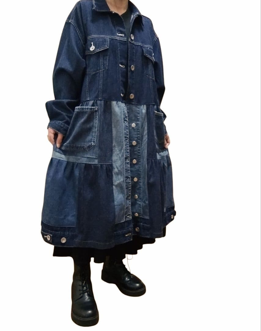 古着リメイク　編み上げリボンのの可愛いGジャンデニムリメイクロングジャケット