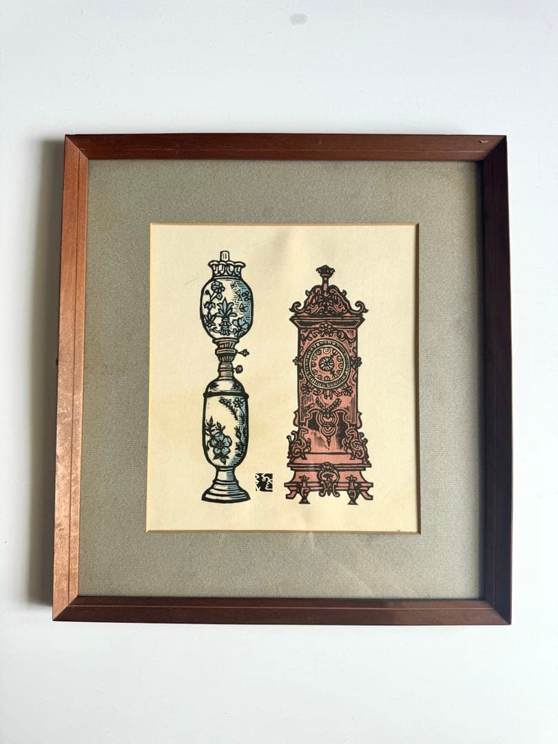 時計とランプ 川上澄生 額装 木版画 堀田時計店 1971年