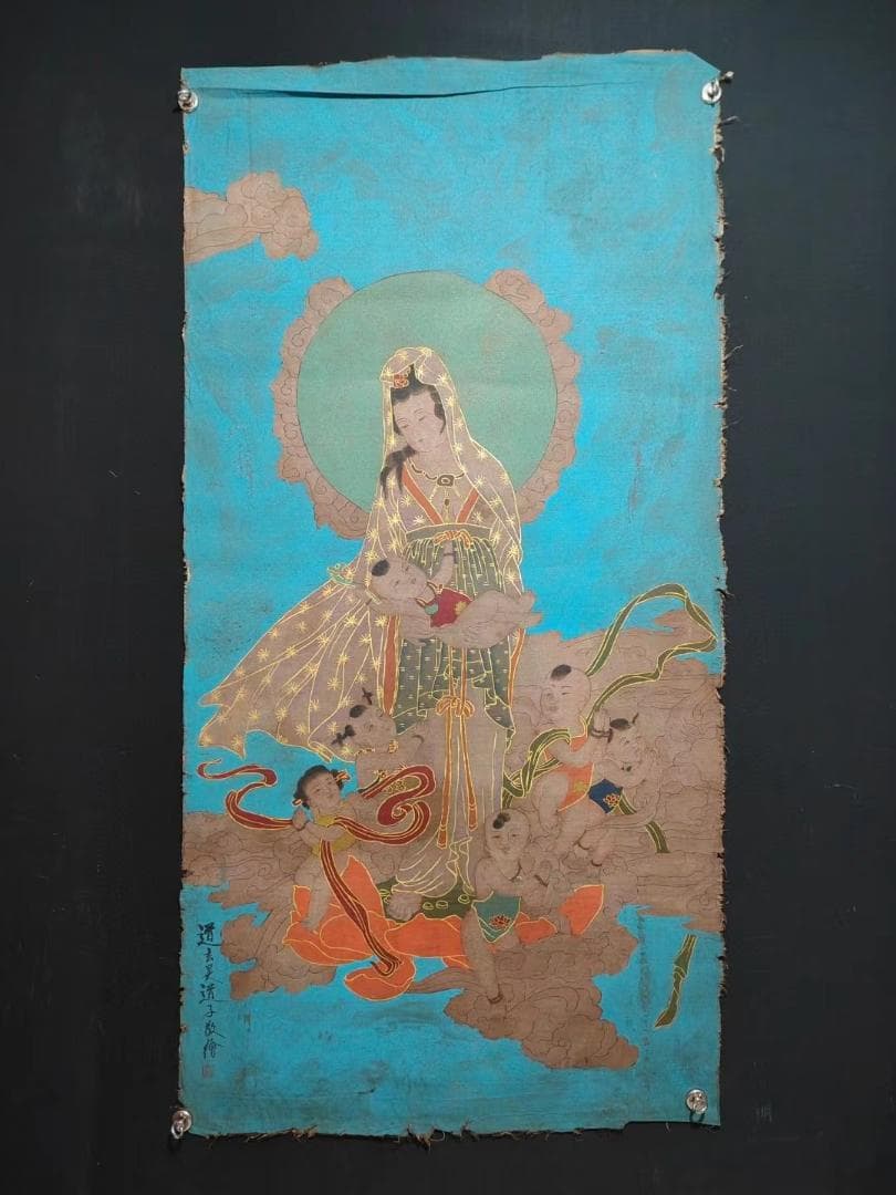 中国古美術・純手描き・画芯・送子觀音画像167x86cm・書画・絹本・仏像・風水