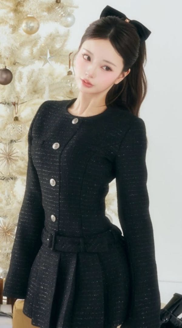 ボックスプリーツツイードミニワンピース ブラック free Darich