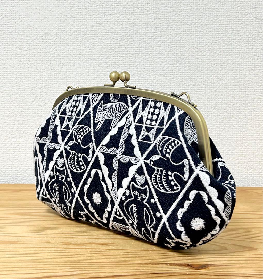 ハンドメイド がま口バッグ ポーチ symphony ネイビー ミナペルホネ
