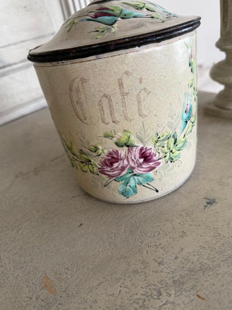 フランスアンティークレアなハンドペイントクリーム色cafeキャニスター