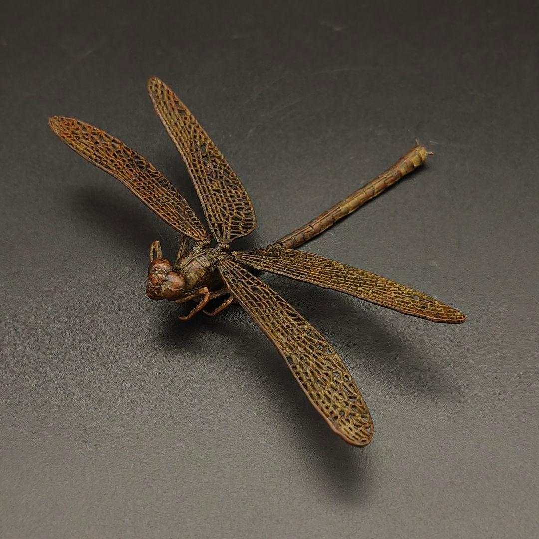 2品　銅製置物　蜻蛉　トンボ　勝虫　雨宮宗作　関節可動　金工品　茶道具