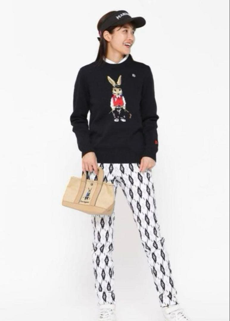 パーリーゲイツ インターシャ クルーネックニット　黒トラッドラビット O うさぎ