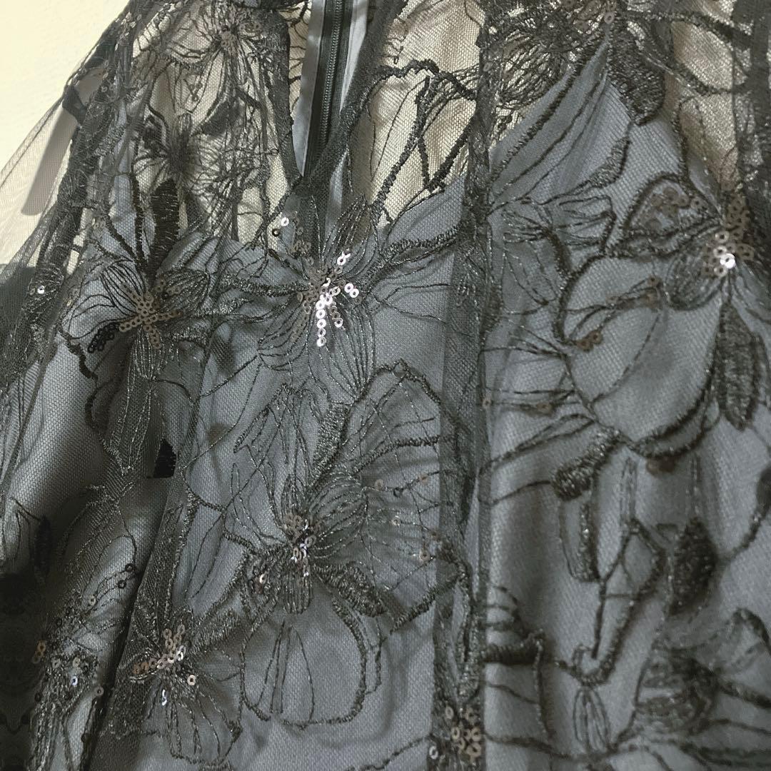 美品　人気　ニアナ　スパンコール刺繍レースドレス キーホールネック　ブラック　Ｌ