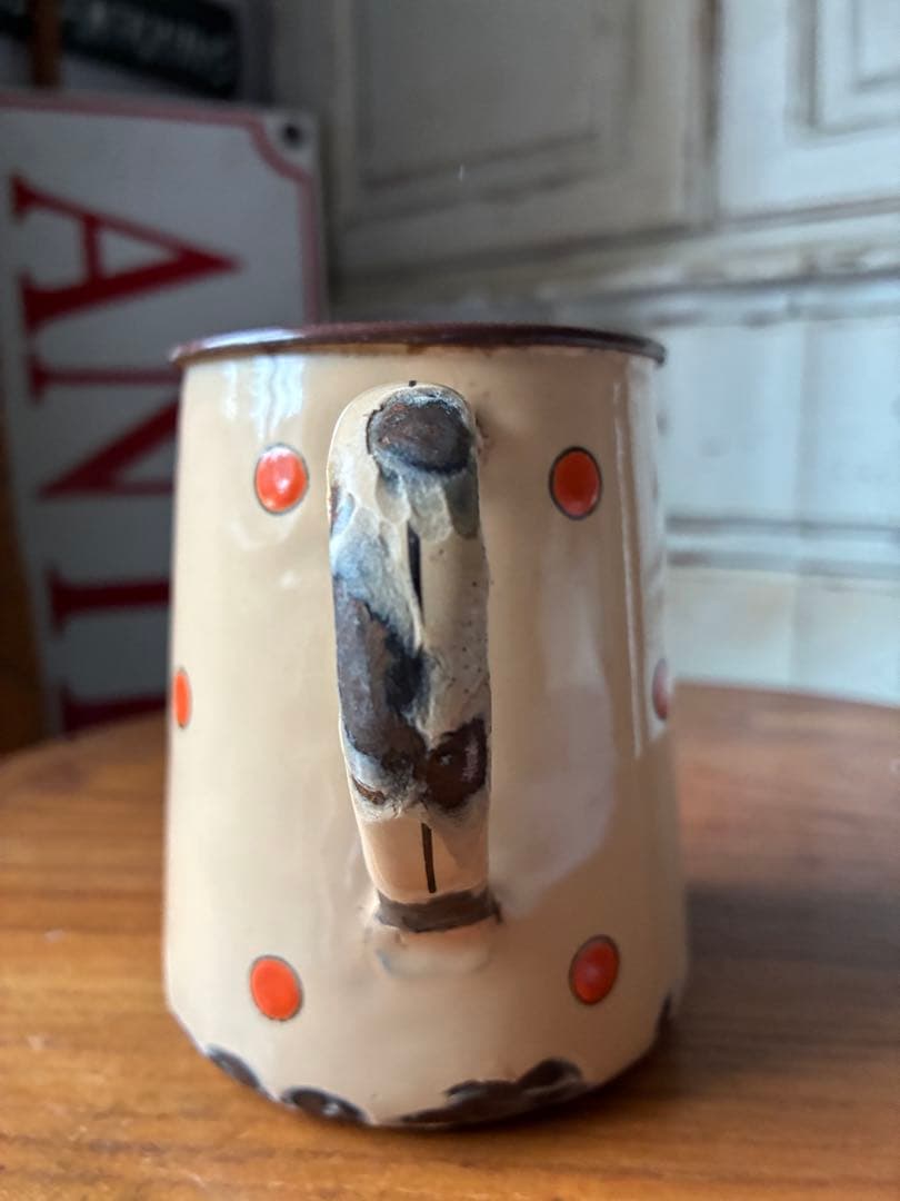 フランス　アンティーク　ホーロー　ピッチャー　ジャグ　ポルカ　ドット　水玉　レア