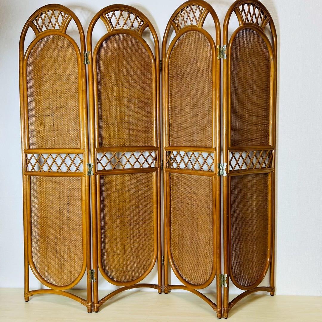 ラタン パーテーション 籐家具 昭和レトロ 4連 衝立 間仕切りアジアンテイスト