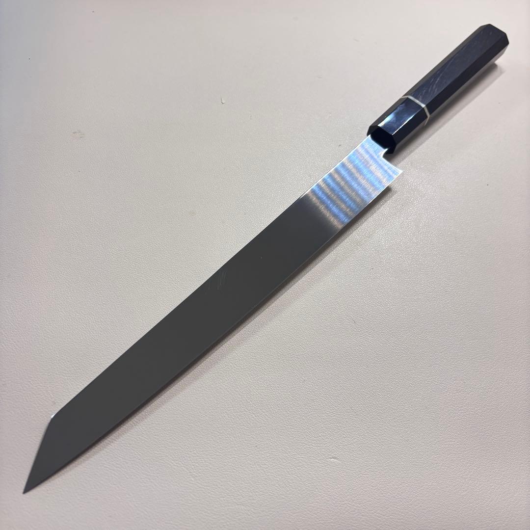 270mm 切付柳刃包丁 鏡面　黒檀黒水牛八角柄 刺身包丁 【全鋼】鞘付き