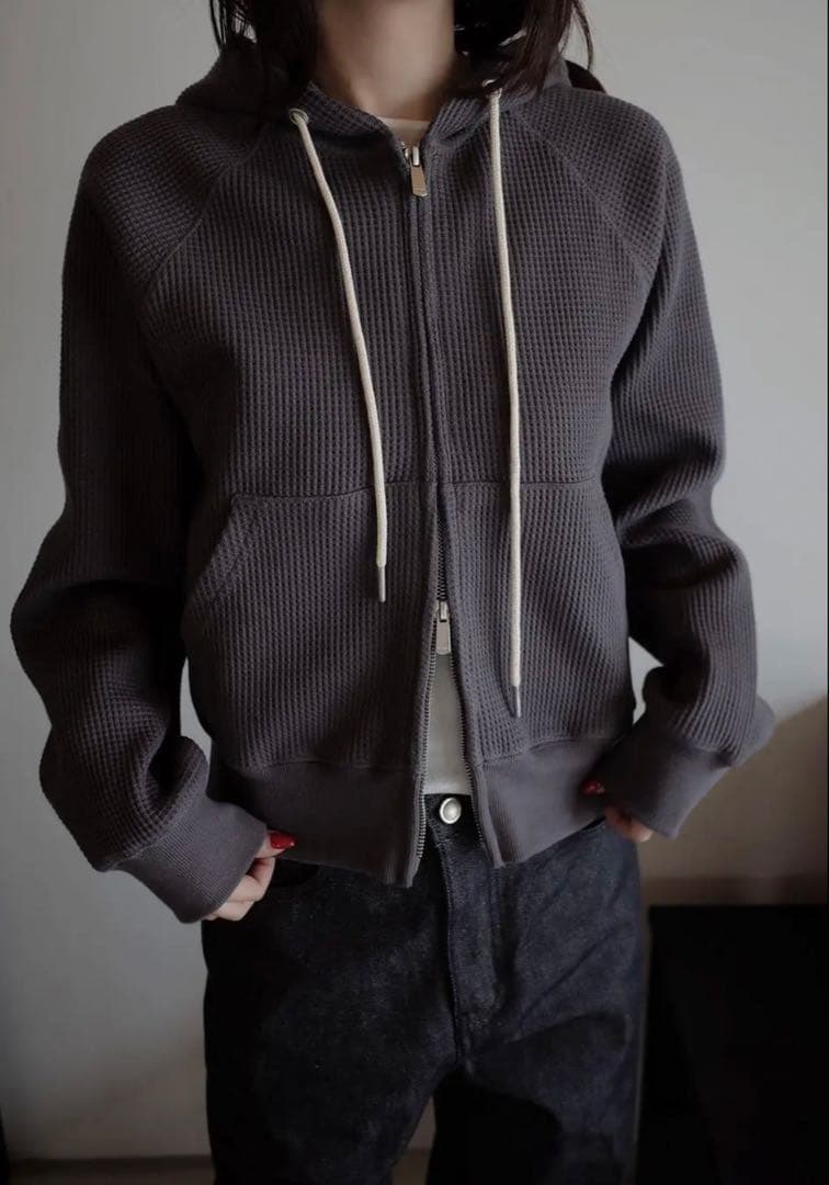 【 OHOTORO】Nap Waffle Zipper Hoodie チャコール