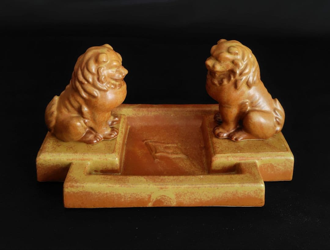 九谷焼　狛犬灰皿　木箱付き　昭和十六年　ヴィンテージ　獅子