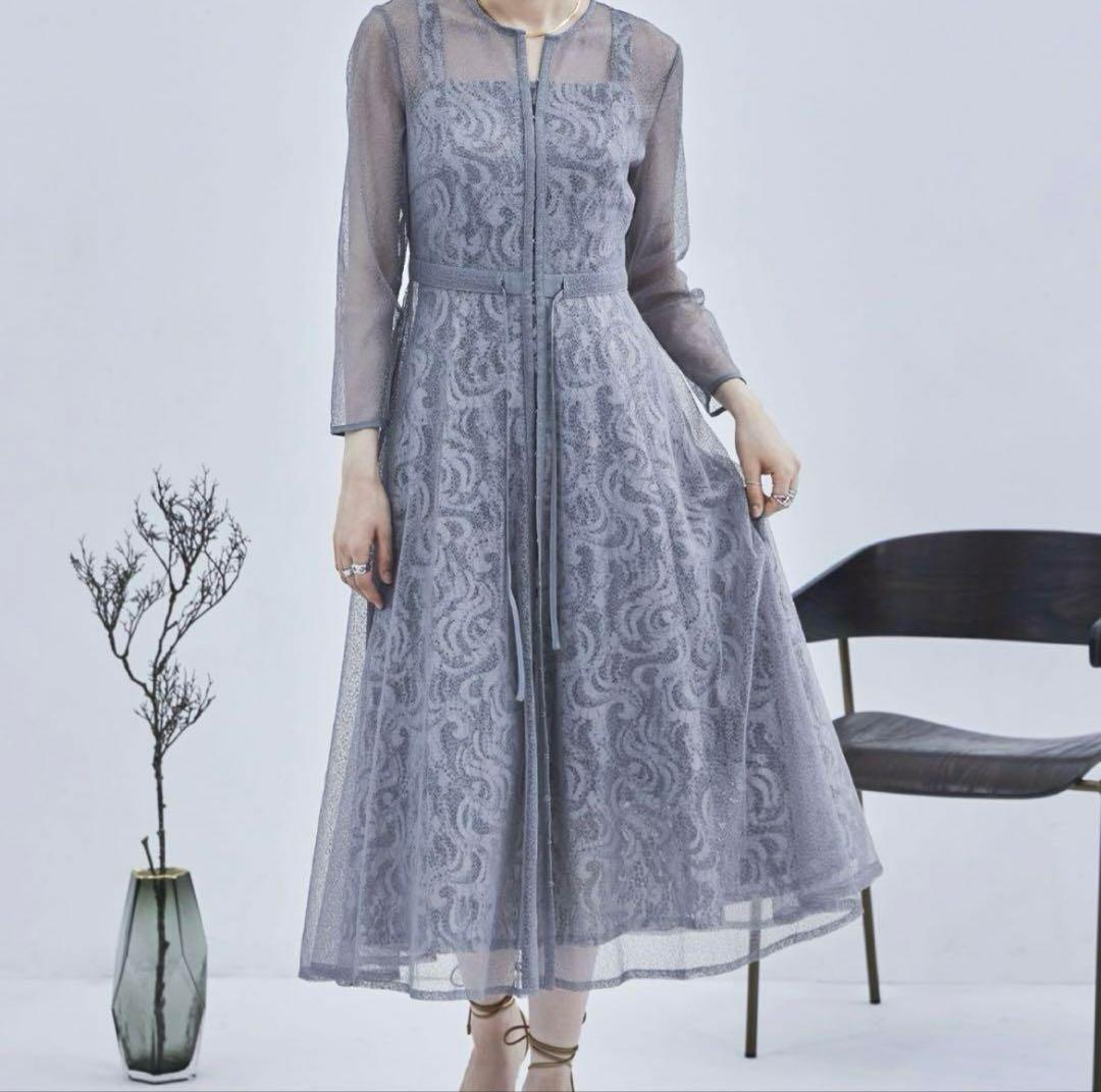 極美品 etoll. エトル 幾何学チュール ロングワンピース M ブルーグレー