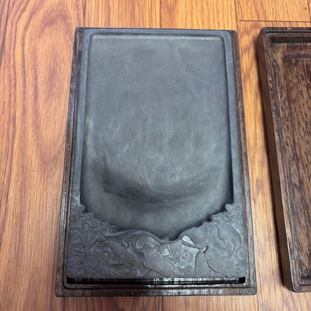 硯 書道用 彫刻入り 木箱付き 約20cm 書道具