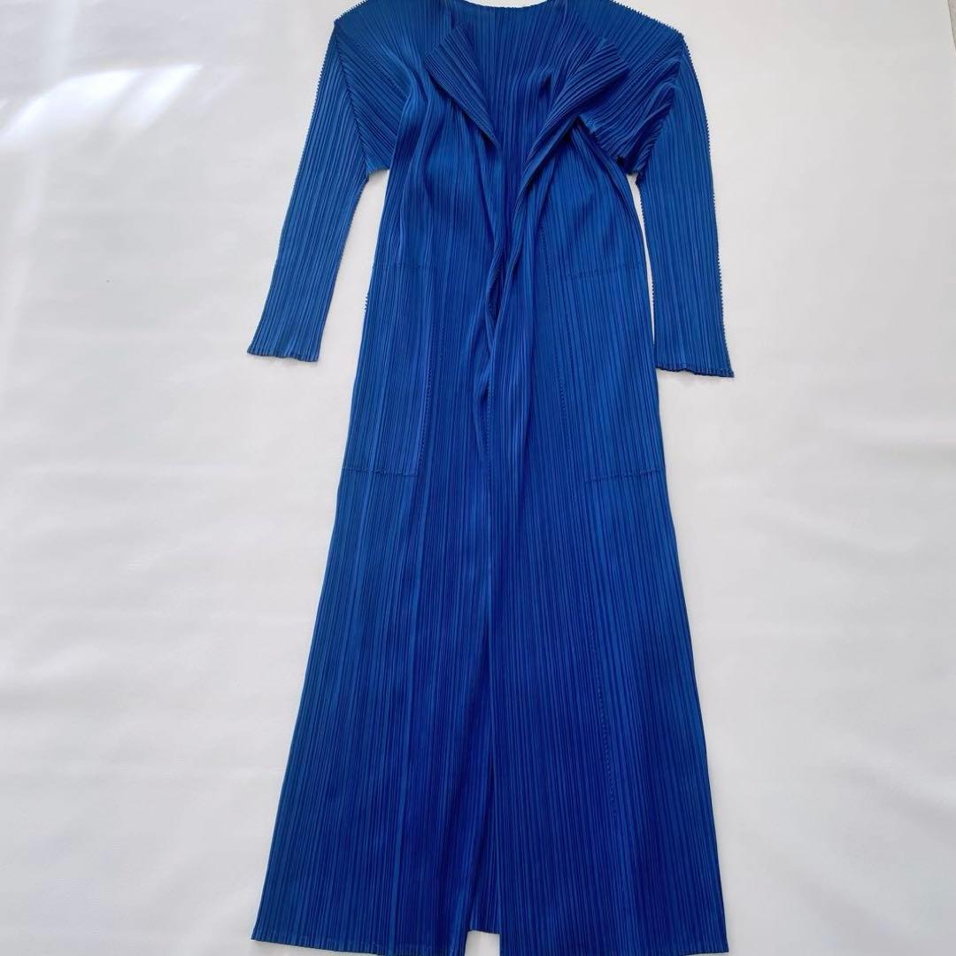 美品✨プリーツプリーズ　ロングカーディガン　羽織り　ノーカラーカーディガン　青