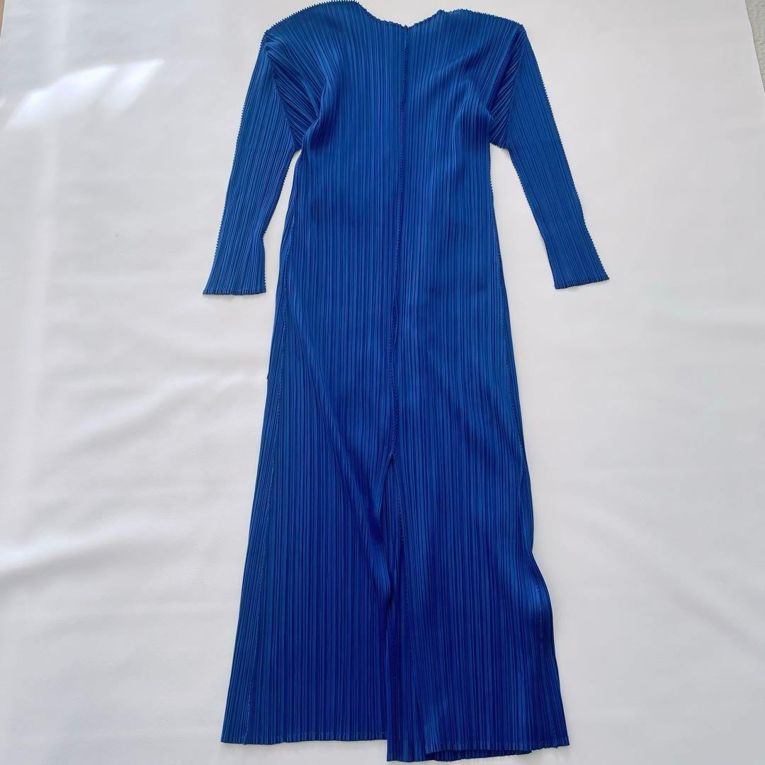 美品✨プリーツプリーズ　ロングカーディガン　羽織り　ノーカラーカーディガン　青