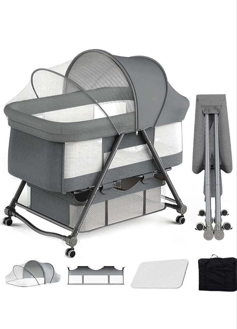 R★UBRAVOO ベビーベッド　ゆりかご　折りたたみベビーベッド　グレー