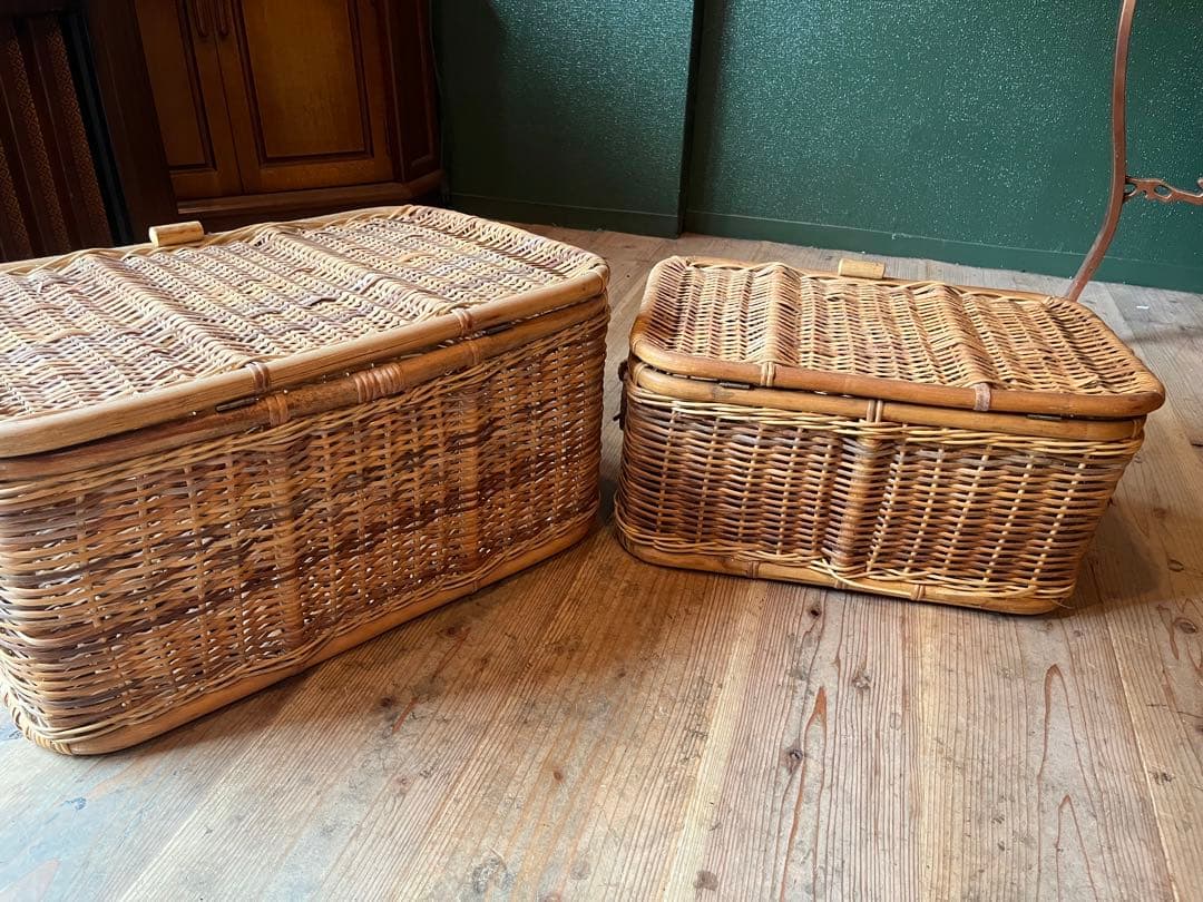 籐 ラタン かご バスケット 大小 セット 昭和レトロ 当時物 インテリア 収納