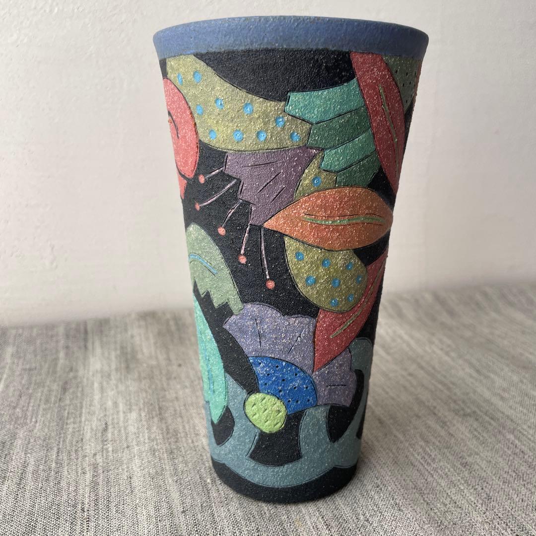 作家　陶芸家　志村観行　タンブラー　ビアカップ　背の高いコップ　手描き　手彫り