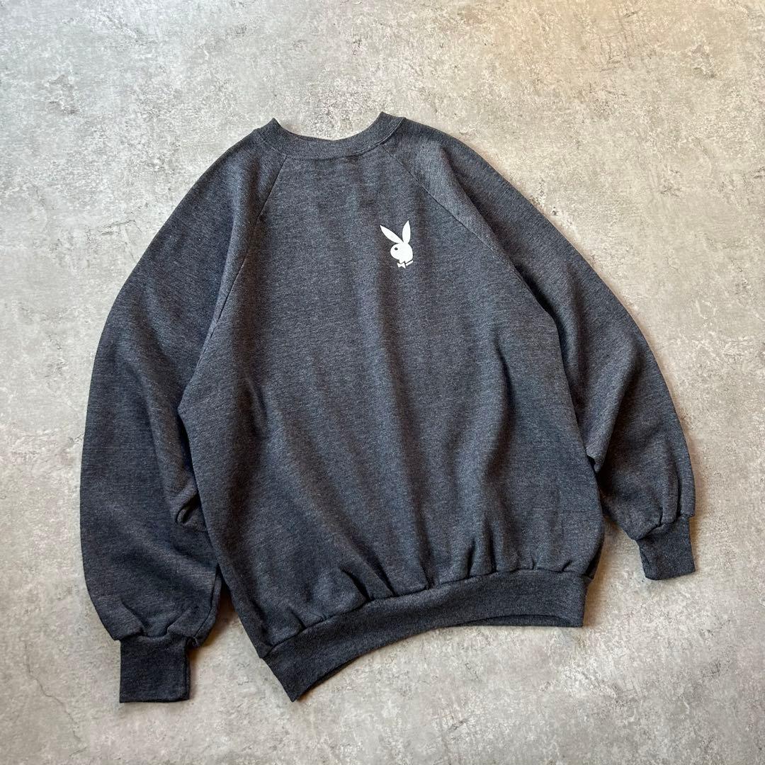 70s- プレイボーイ スウェット USA製 L チャコールグレー フロッキー