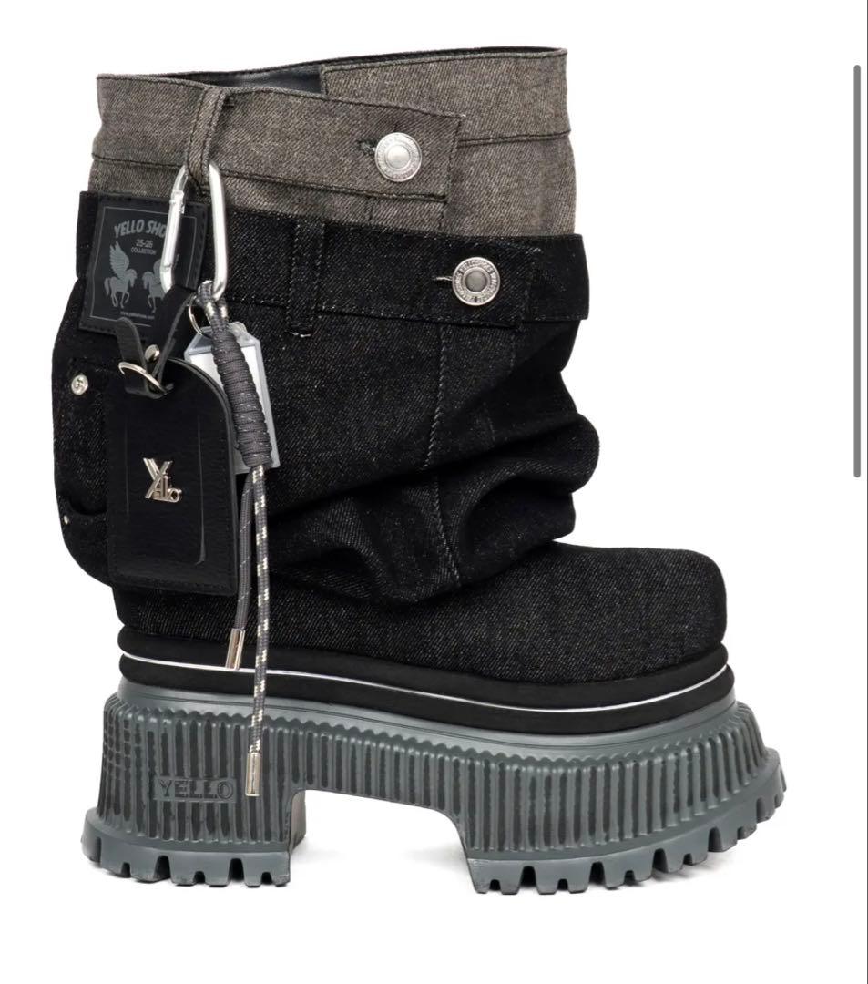 a*o様 YELLO SHOES 厚底デニムブーツ ブラック/グレー　Sサイズ