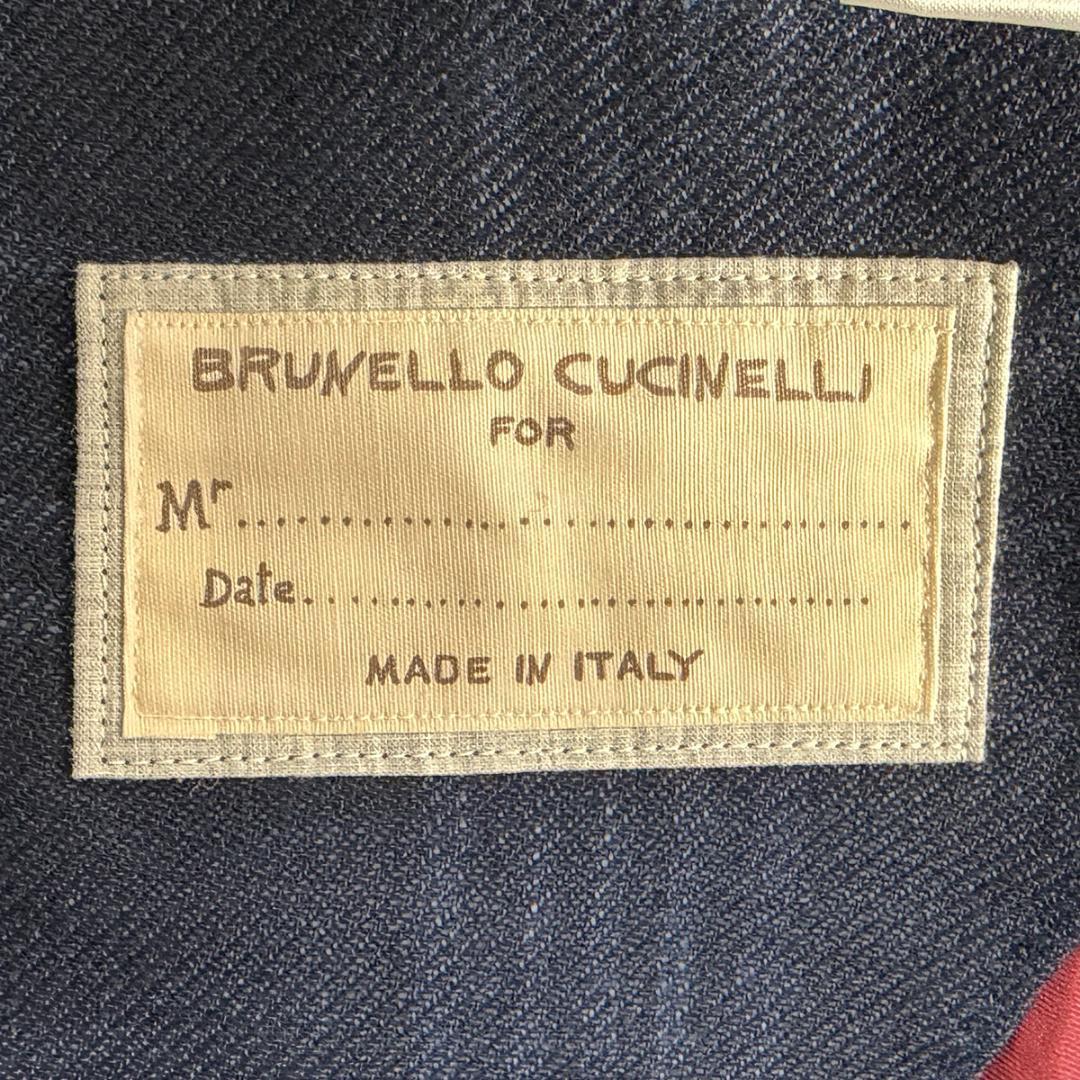 J7220美品 ブルネロクチネリ ウールリネンシルクチェック柄ジャケット 紺50