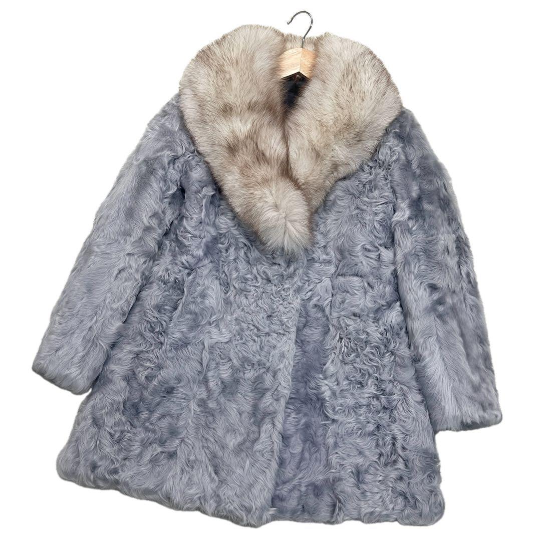 美品　希少カラー　ブルーフォックス　ラム　リアルファーコート　ブルーグレー