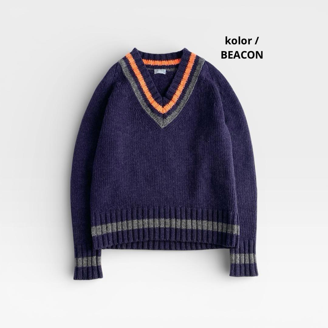 kolor BEACON ネイビー パープル Vネックニット ウール100%