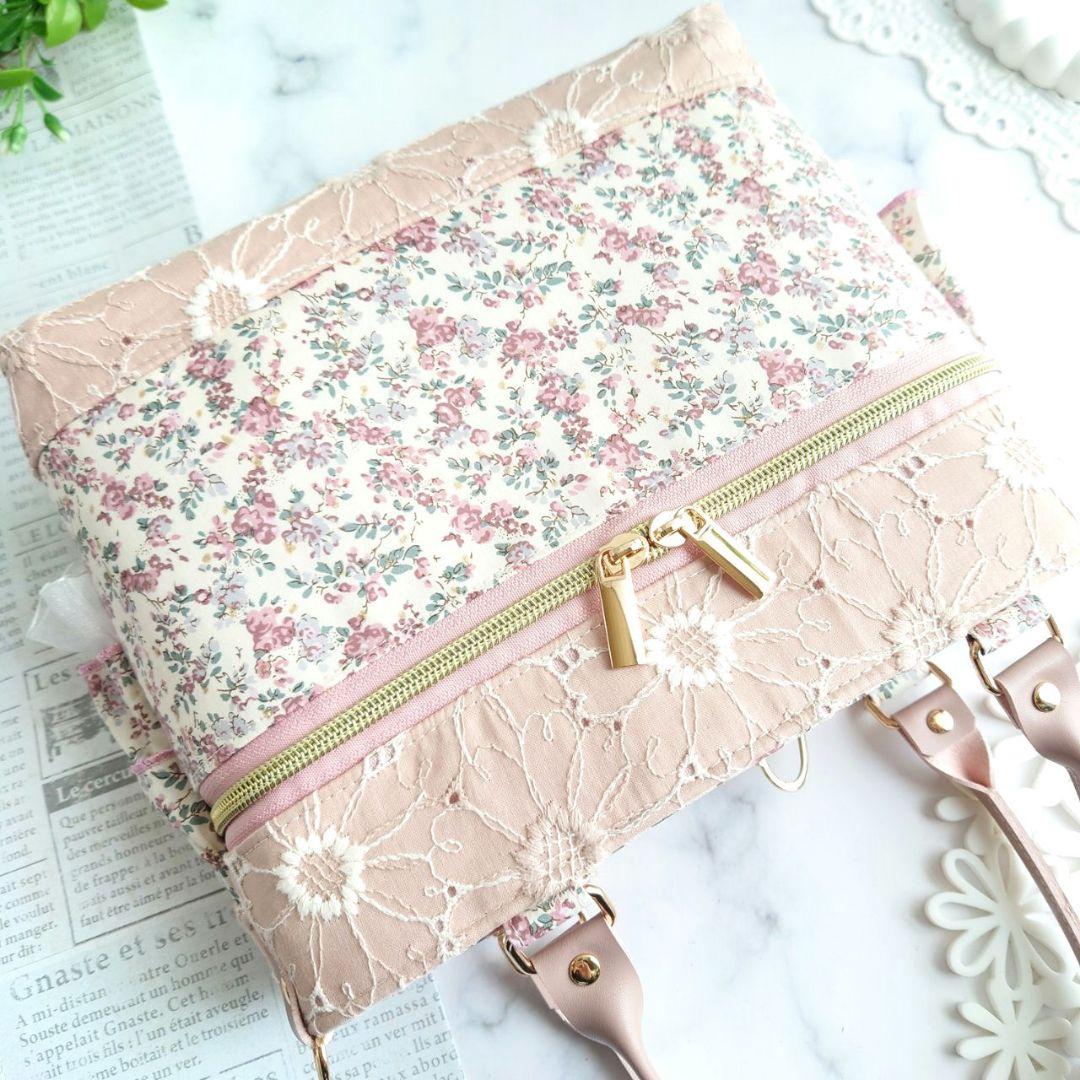 クラシカルピンク×マーガレット刺繍 トリプルフリルトートバッグ✩.*˚
