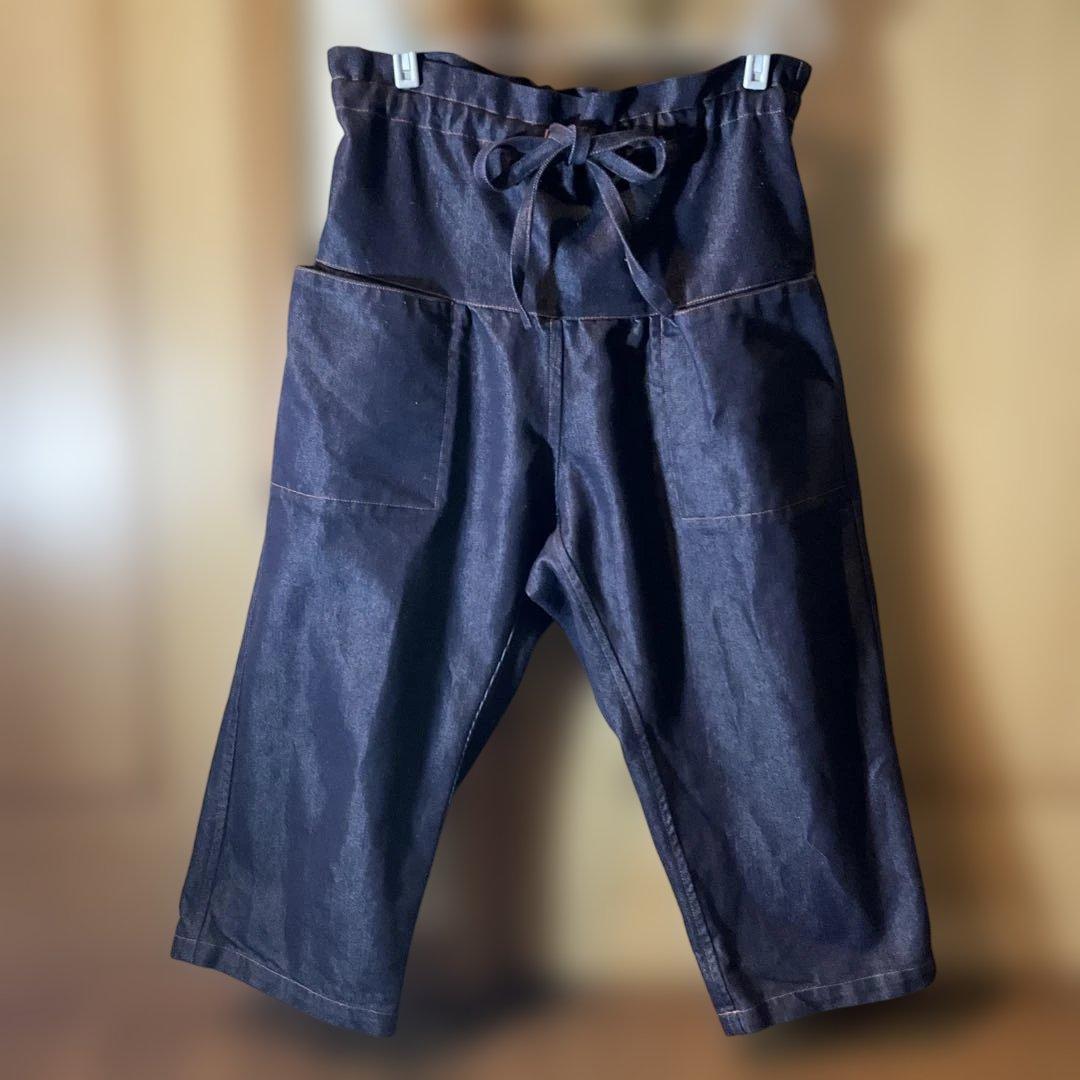 イッセイミヤケmeジーンズダークブルー ガウチョパンツ リボン付き