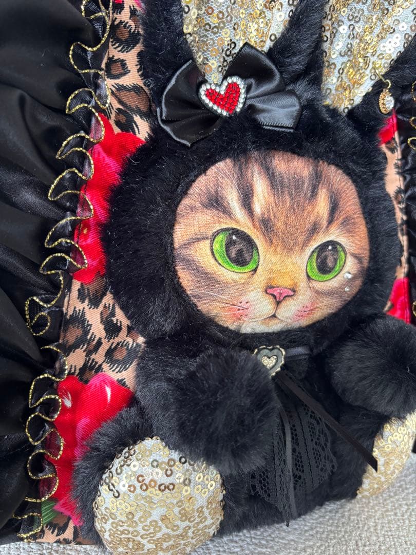 さ*ー様 コヤンイサムチョン　フリルトートバッグ　黒うさサンダーちゃん　ヒョウ柄