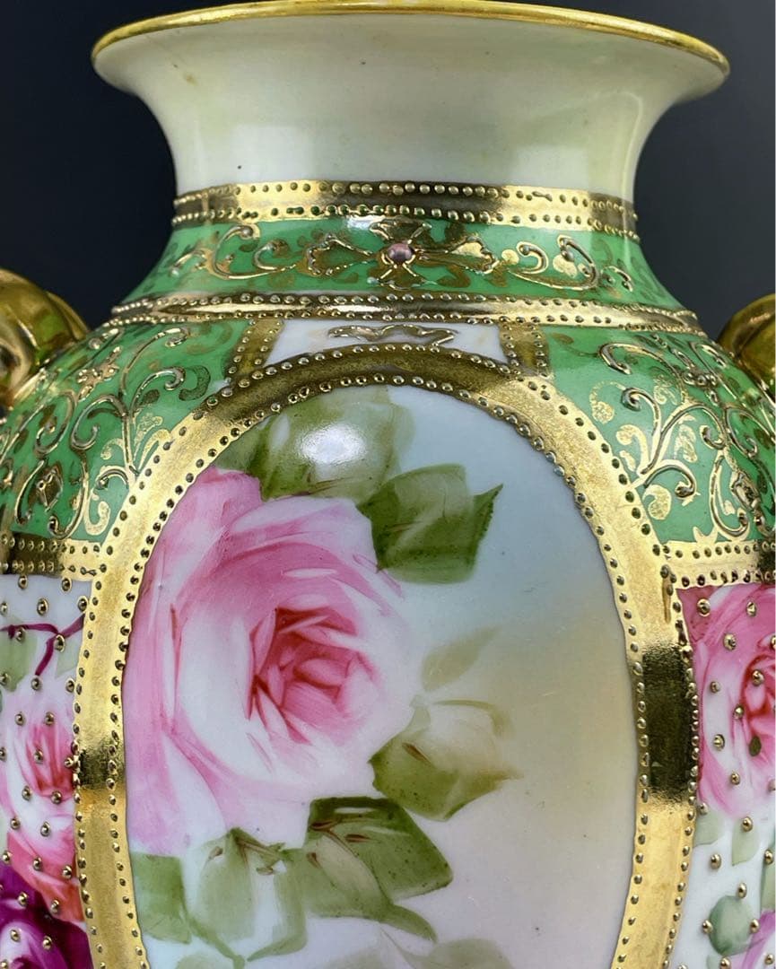 【希少】オールドノリタケ 薔薇紋 ジュエル 金点盛り ビーディング 花瓶