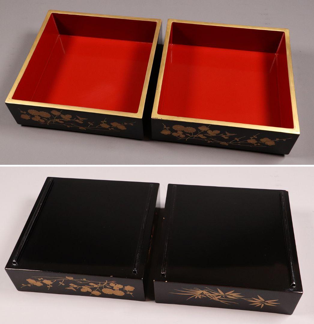 輪島塗 四君子 金蒔絵 二段重 重台 二枚蓋 黒塗 朱塗 木箱 木製 MA90