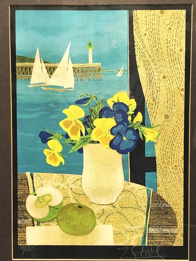 イヴ・ガンヌ『トロ―ヴィルの窓』　ED76/120　リトグラフ額装　高島屋販売品