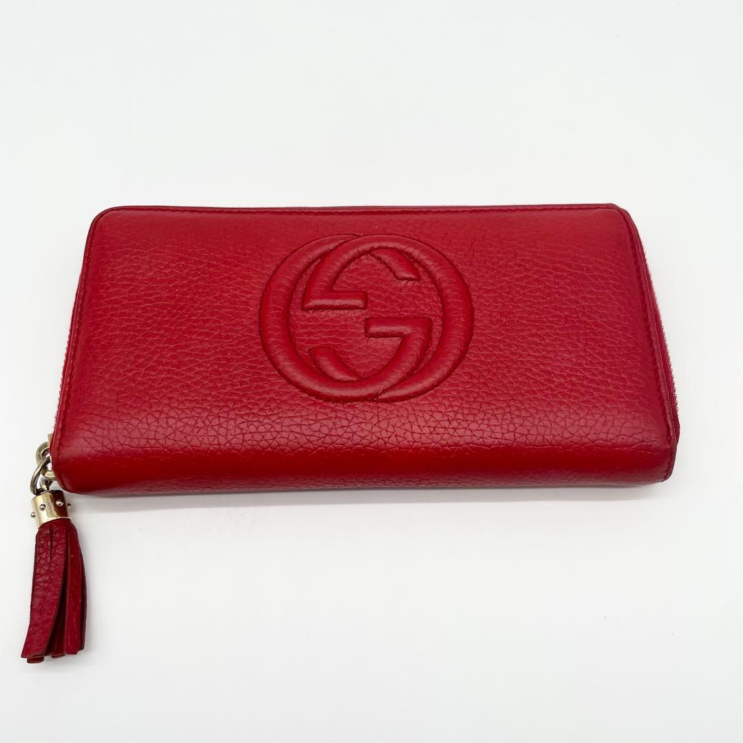 GUCCI ソーホー　ラウンドファスナー　長財布　レッド　レザー　シボ革