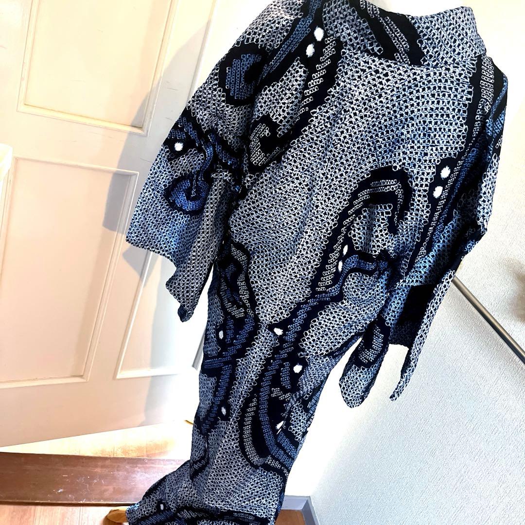 有松鳴海絞り 唐草模様 広襟そう手縫い仕立て 濃紺×ブルー 洗い済み 美品S