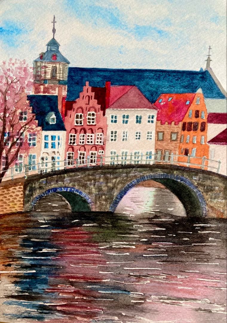 午後のティータイム　マーガレットとポット　水彩画　原画