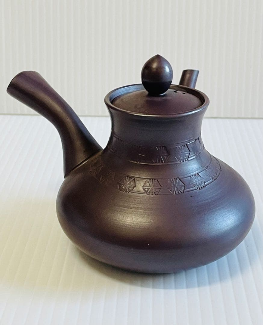 未使用品萬古焼　天王寺印花急須　一休作