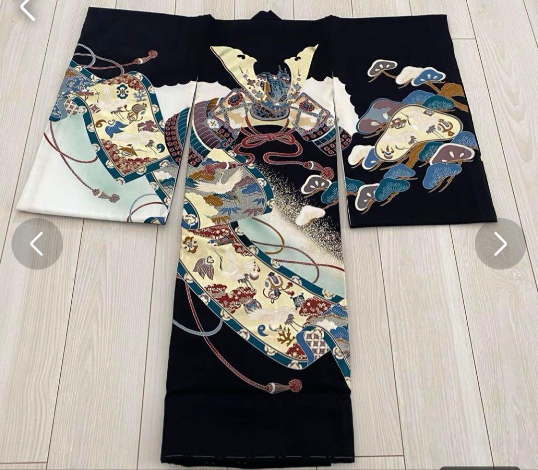 お宮参り 着物 男の子 産着 黒 兜 巻物 松 鶴 正絹 羽織