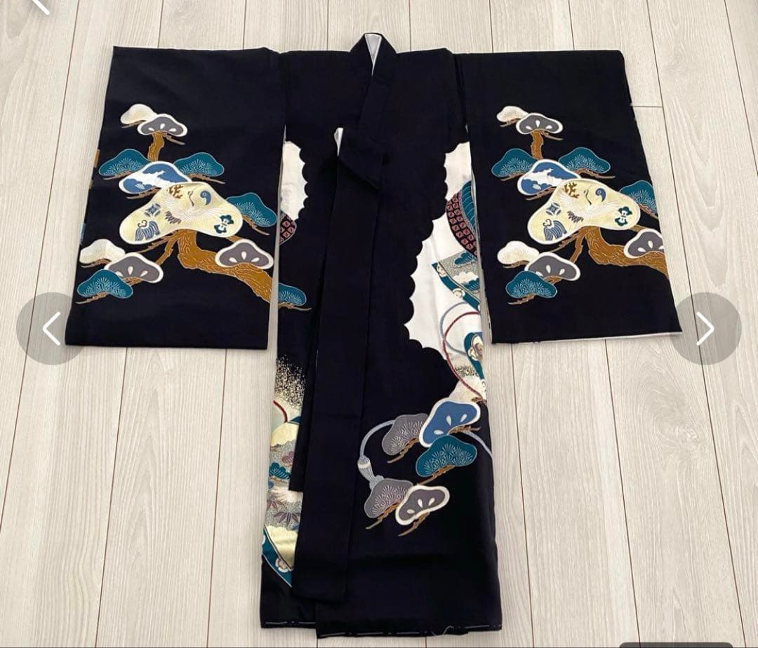 お宮参り 着物 男の子 産着 黒 兜 巻物 松 鶴 正絹 羽織