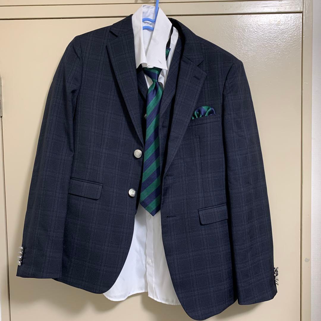 【170cm】フォーマルスーツ　緑チェック　ベストネクタイ付き