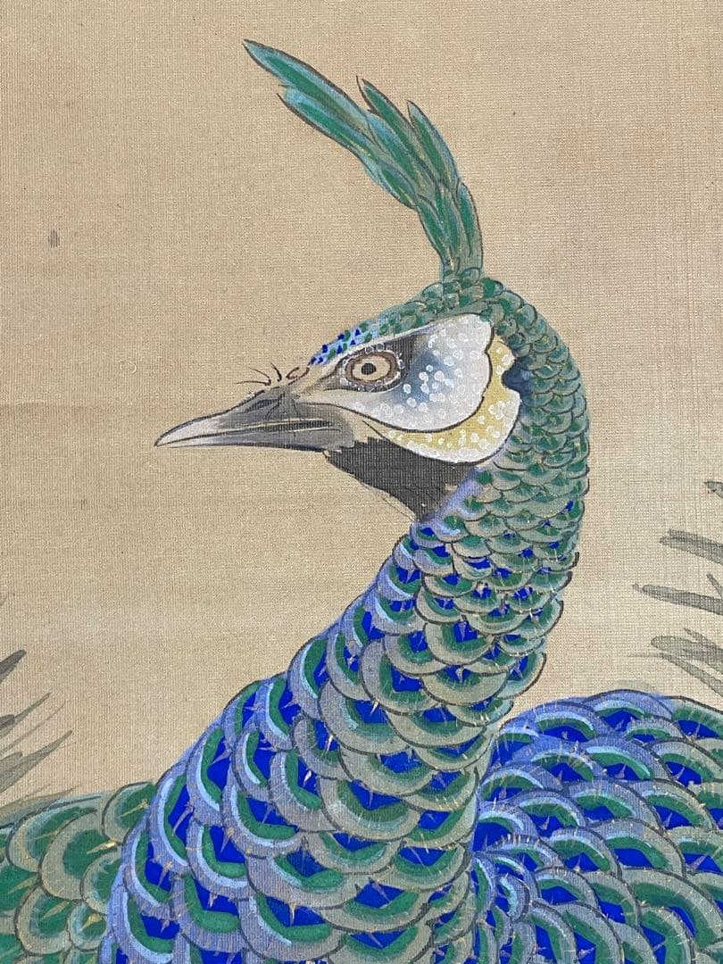 日本画 　熊斐銘　孔雀図 掛軸　肉筆　絹本　時代箱付　古美術 4C06-11