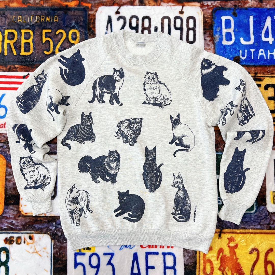 n*様 90s USA製 JERZEES 総柄 キャット　スウェット L 猫 ア