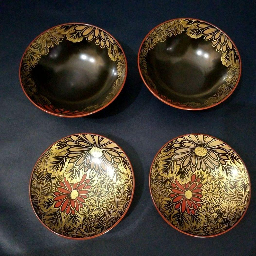 能登輪島塗 塩徳屋漆器店 菊紋沈金色蒔絵 吸物椀 懐石椀 見返し菊詰沈金 2客