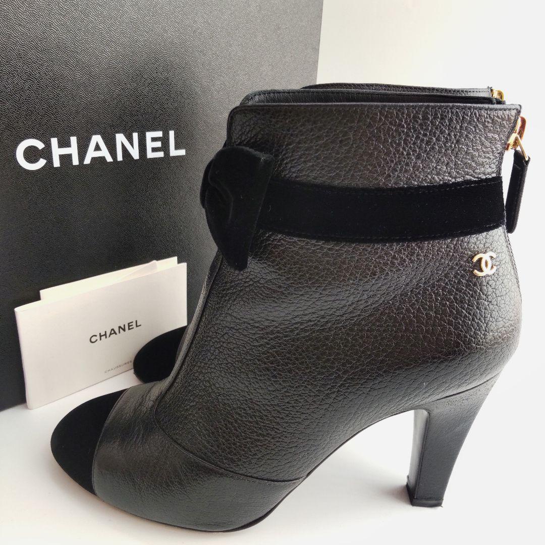 美品 シャネル リボン ココマーク ベロア ショートブーツ レザー ブラック