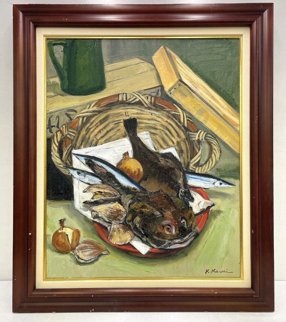 真作保証 河合キヨ子『アンコウのいる静物（不明）』直筆サイン入り 肉筆 油彩画